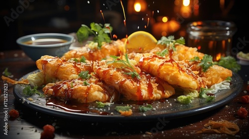 Delicious crispy tempura on a plate with blur background