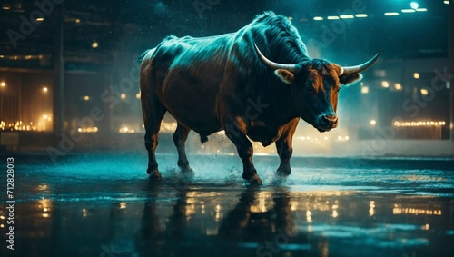 Angry bull in the city at night. Aggressive bull with big horns