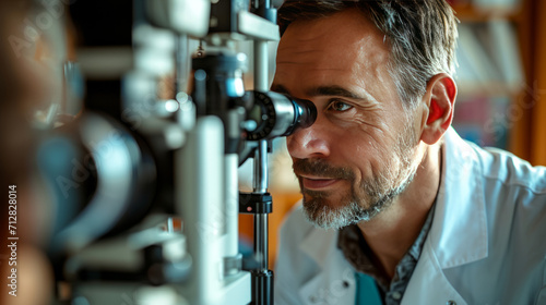A man has his eyesight checked by an ophthalmologist. Laser vision correction.