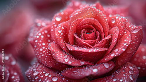 A close-up of a beautiful red rose in full bloom, with dewdrops glistening on its velvety petals