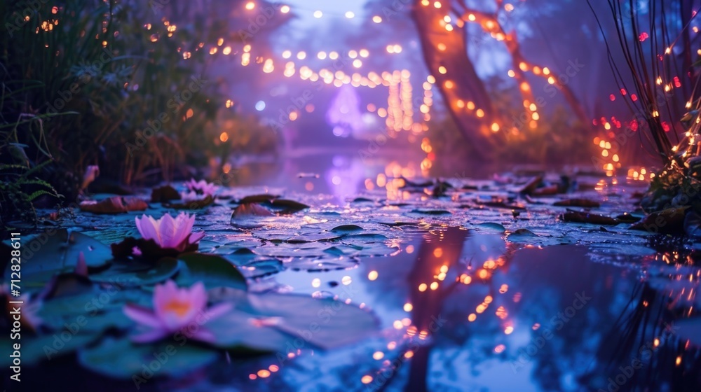 A neon pond filled with water lilies and surrounded by ling fairy lights creating a dreamy atmosphere
