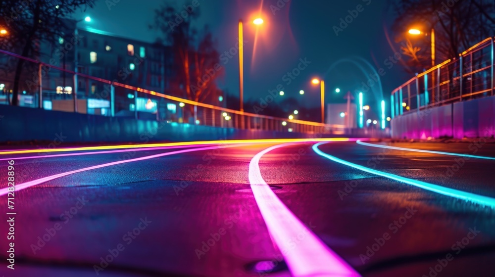 The track is lined with pulsing neon lights guiding runners through the darkness of night