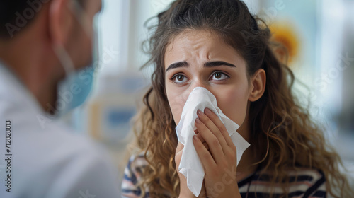 A girl with an illness blows her nose at a doctor's appointment.