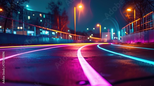 The track is lined with pulsing neon lights guiding runners through the darkness of night