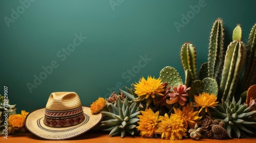 Cinco de Mayo banner background concept with sombrero hat ornament, cactus and flowers