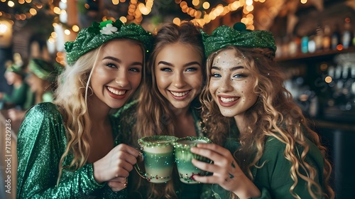 St patrick's day party at pub, attractive young woman in green costume shamrock glitter, happy smiling girls group celebrating drinking beer together, holiday festive season bar landscape background.