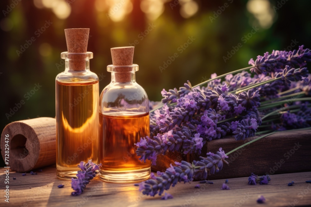 Essential oils and lavender in sunlight Essential oils and lavender in sunlight