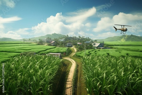 Aerial drone fertilizing sugar cane farm in 3D. Generative AI photo