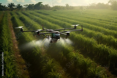 Aerial drone fertilizing sugar cane farm in 3D. Generative AI photo