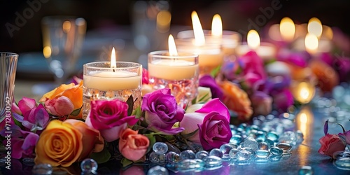 Wedding table adorned with vibrant flowers and a melting candle photo