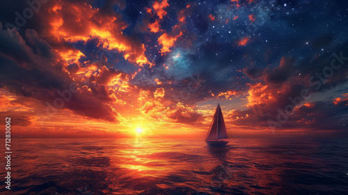 An old beautiful ship sails into the sunset.