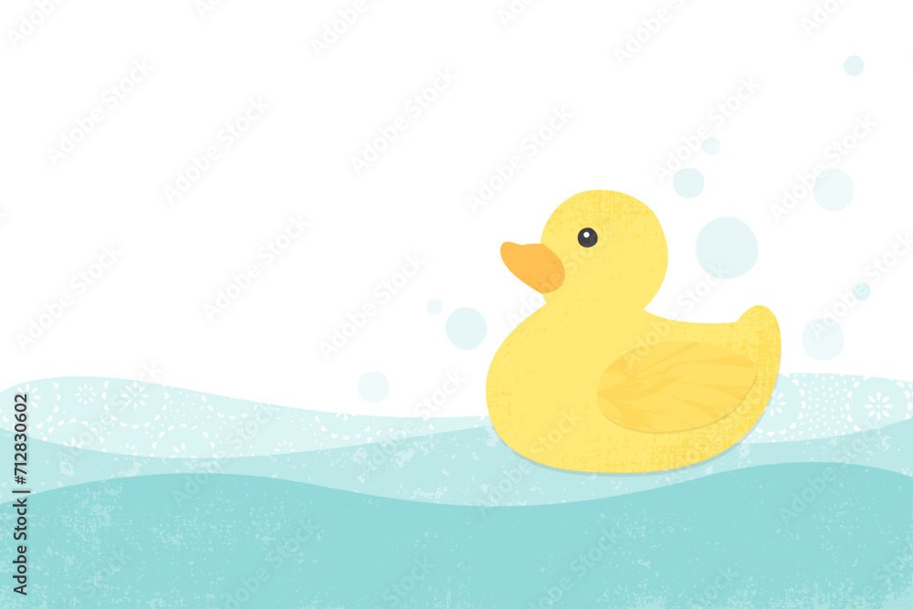 A yellow rubber duck bubbles, and wavy bath water, in a cut paper style with textures
A yellow rubber duck bubbles, and wavy bath water, in a cut paper style with textures