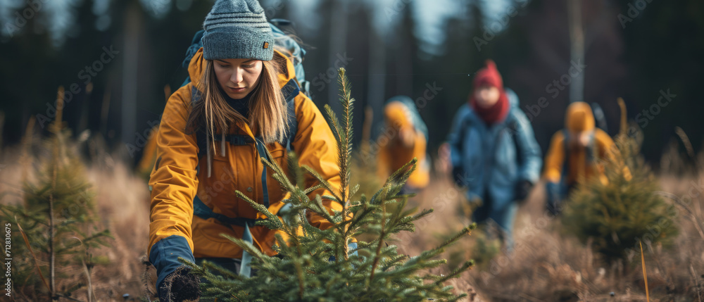 Group of young north european people planting trees. Group of young north european people planting trees.