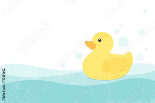 A yellow rubber duck bubbles, and wavy bath water, in a cut paper style with textures
