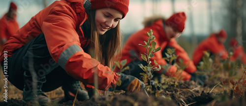 Group of young north european people planting trees.