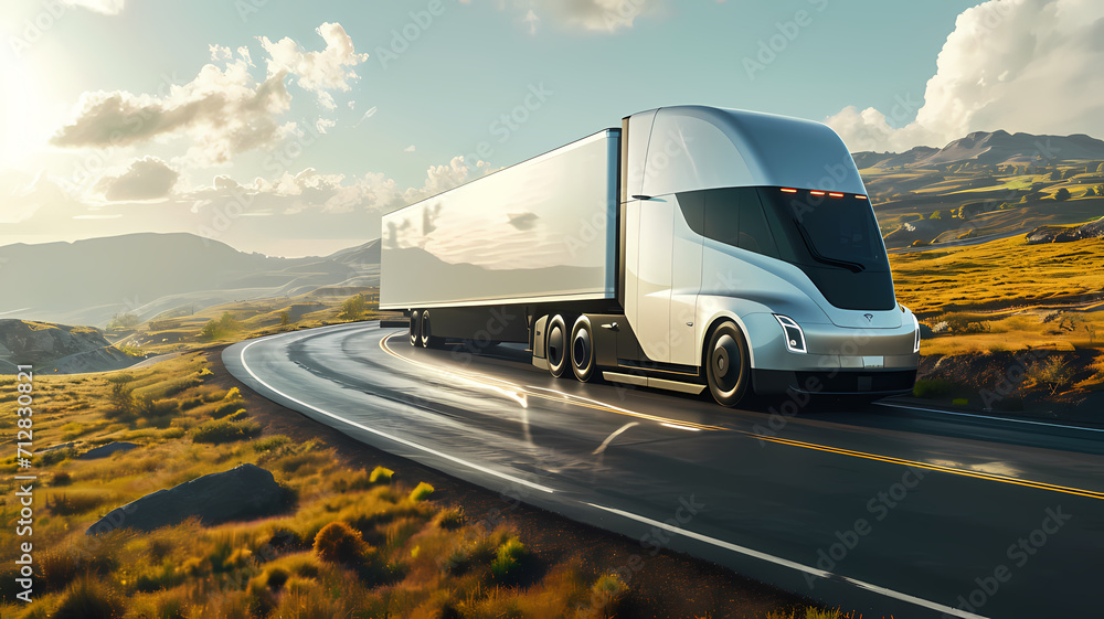 futuristic semi-truck used for delivering packages driving on a back country road futuristic semi-truck used for delivering packages driving on a back country road