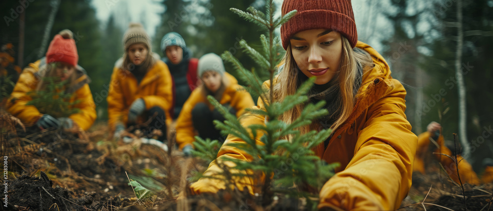 Group of young north european people planting trees. Group of young north european people planting trees.