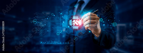 Konstfotografi Technical Support Concept: Businessman Pointing to Technical Support Icon and Data for Global Network on Graphic Interface