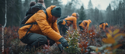 Group of young north european people planting trees.