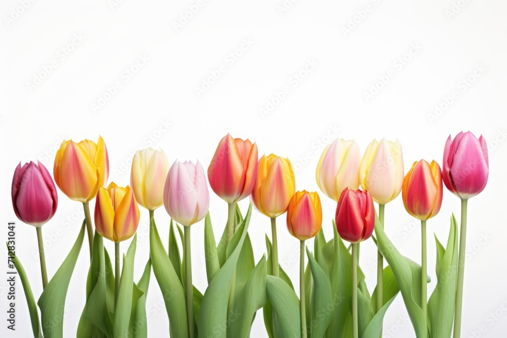 A set of bright tulips in both soft and vibrant colors, lined up on a white background
