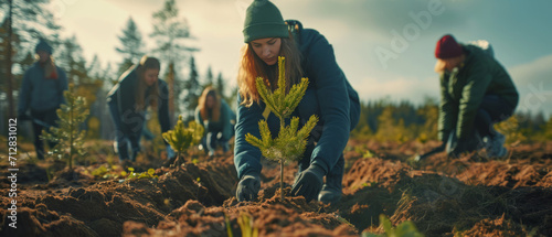 Group of young north european people planting trees. photo