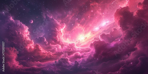 A cosmic scene with various shades of pink, creating a dreamy and celestial atmosphere. Incorporate stars, planets, and galaxies to add interest to the overall design © Junior