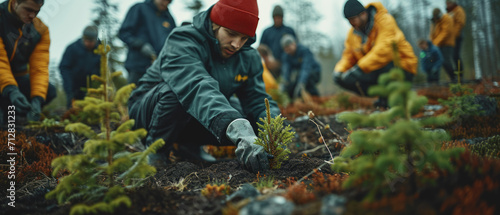 Group of young north european people planting trees. photo