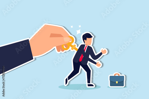 Exhausted employee recharged, power up or wind up to stimulate or motivate fatigue person concept, manager big hand turn wind up key or winder clockwork to motivate businessman office worker.