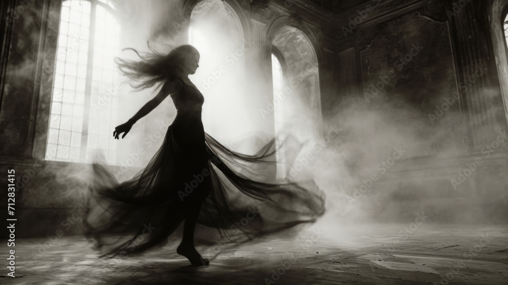Girl in a long dress dancing indoors Girl in a long dress dancing indoors