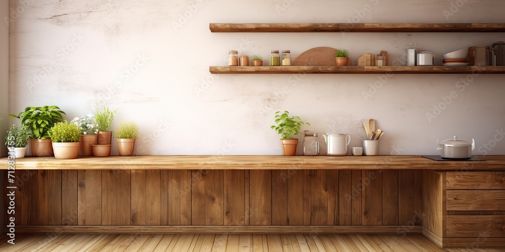 Wooden desk with kitchen background Wooden desk with kitchen background