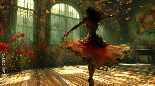 Girl in a long dress dancing indoors © Ярослав Антонюк