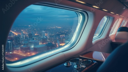 Gaze out the private jet window and take in the breathtaking panorama of buildings and lights while enjoying the tingedge entertainment system, providing the ultimate inflight experience. © Justlight