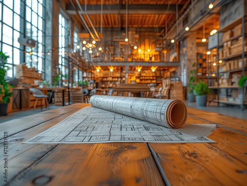 A table laden with design equipment, pencils, notebooks, safety helmets.