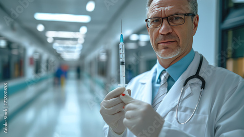 The doctor is preparing to give an injection to the patient. Syringe close-up.