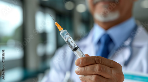 The doctor is preparing to give an injection to the patient. Syringe close-up.