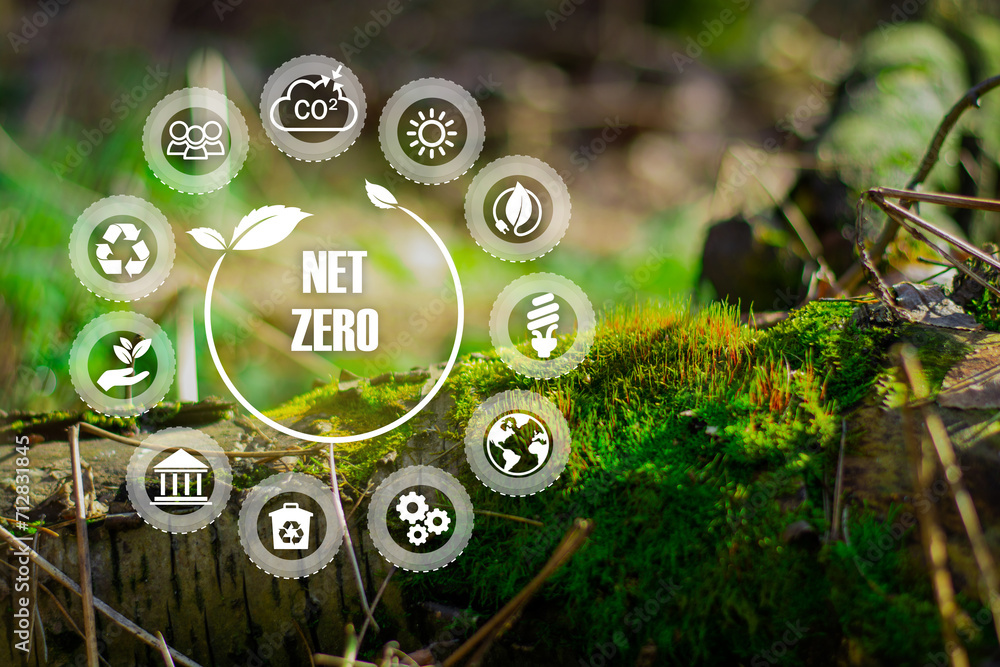 Fototapeta premium Net zero , carbon neutral concept. Net zero greenhouse gas emissions target. Climate neutral long term strategy with net zero icon on circles doodle background. 2050 long term startegy.CO2 reduce 