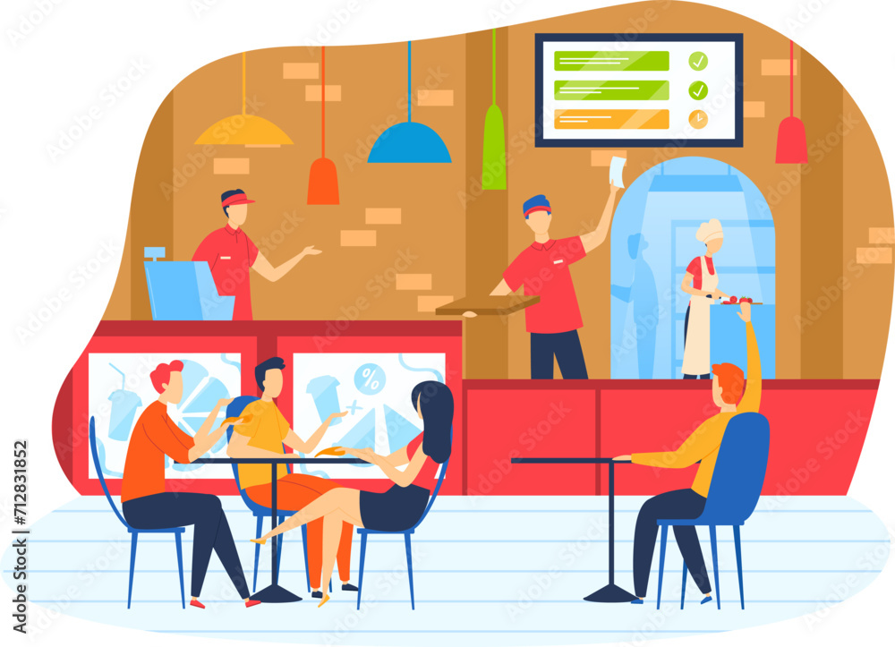 Customers dining in a modern cafe, waiter serving, barista making coffee. Casual lunch in urban eatery, people enjoying food and drinks vector illustration.