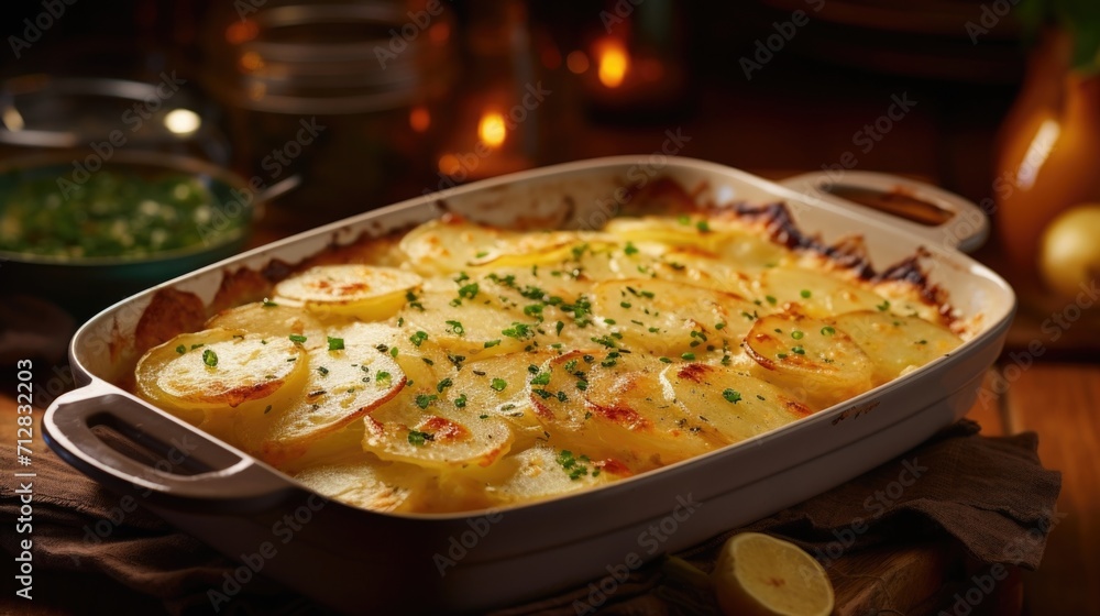 A tasteful composition showcasing a bakedtoperfection portion of scalloped potatoes, served piping hot and b with creamy goodness as the sauce coats each slice of potato, making it a tempting