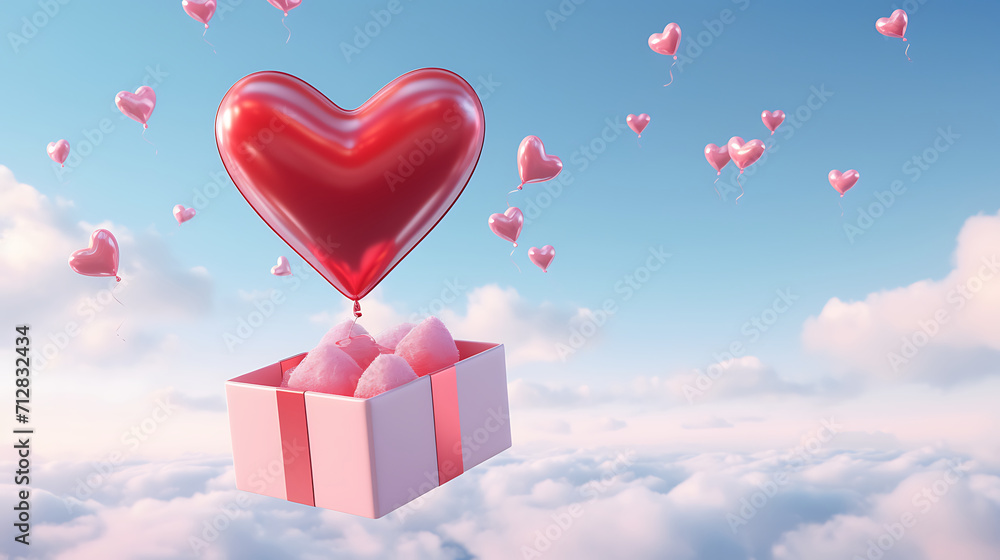 gift box with heart balloons floating in the sky, beautiful valentine's day.