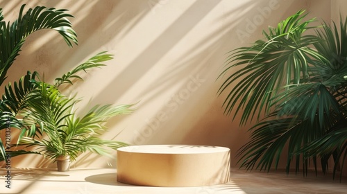 Pedestal or stage pedestal platform for the product. for product presentation with a shadow of tropical palm leaves and light. Empty round podium, mockup.
