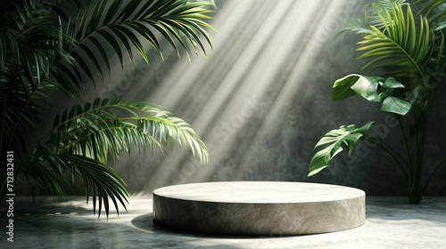 Pedestal or stage pedestal platform for the product. for product presentation with a shadow of tropical palm leaves and light. Empty round podium, mockup.