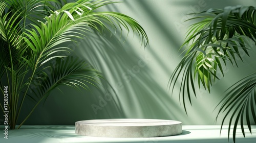 Pedestal or stage pedestal platform for the product. for product presentation with a shadow of tropical palm leaves and light. Empty round podium, mockup.