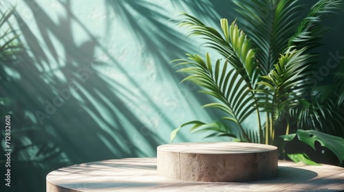 Pedestal or stage pedestal platform for the product. for product presentation with a shadow of tropical palm leaves and light. Empty round podium, mockup. © ND STOCK