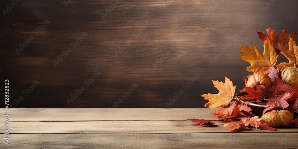 Obraz premium Fall-themed backdrop featuring wooden table adorned with dried leaves, ideal for showcasing products.