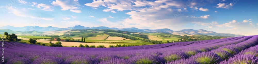Rolling hills of lavender fields in full bloom, creating a stunning panorama of color under the midday sun Rolling hills of lavender fields in full bloom, creating a stunning panorama of color under the midday sun