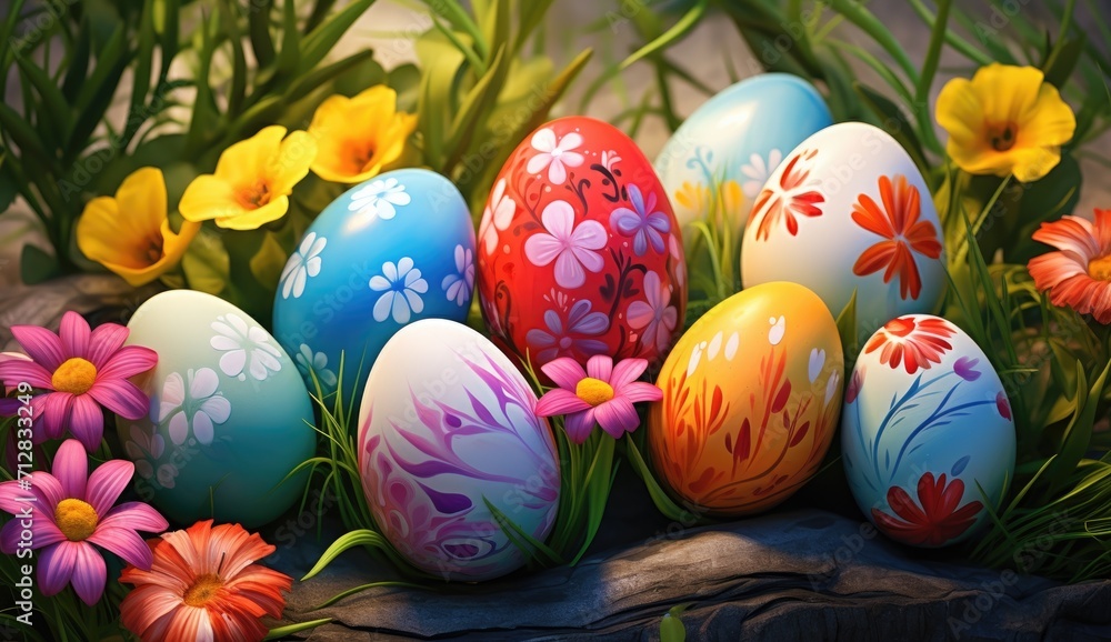 Bright Easter eggs with floral ornament on dark background with flowers Bright Easter eggs with floral ornament on dark background with flowers