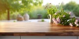 Wooden countertop, garden view in kitchen.