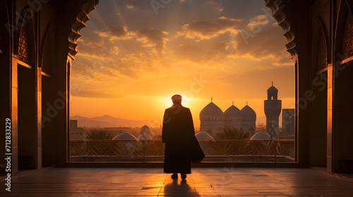 Silhouette Of a Person Walking Against the Backdrop of Traditional Iranian Architecture During Sunset  AI-Generated