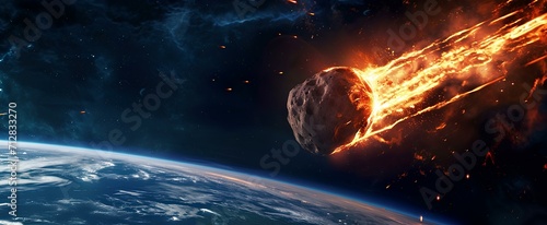 meteorite falling, a huge gigantic burning asteroid in space flyng towards the planet earth. collides with surface. wallpaper. generative AI photo