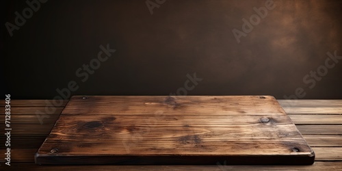 Old cutting board in a brown, dark wooden product table with perspective interior. photo